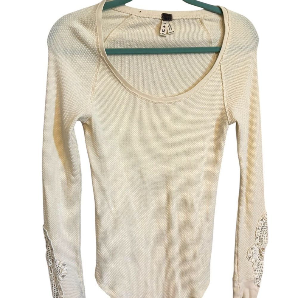 Free people waffle knit thermal long sleeve ivory cream lace long sleeve top